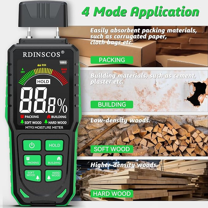 Rechargeable Moisture Meter for Wood, Drywall & Flooring | Pin-Type Moisture Detector, Replaceable Pins, Hold Function, Custom Wood Settings