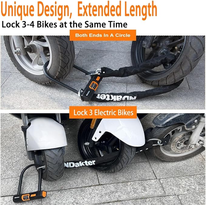 NDakter Bike Locks Heavy Duty Anti Theft, Keyless Combination Motorcycle U Lock for Ebike with 4FT x 6mm Chain, 4-Digit Combo Electric Bicycle Wheel Lock for Escooter, Fat-Tire Moped, Dirt-Bike