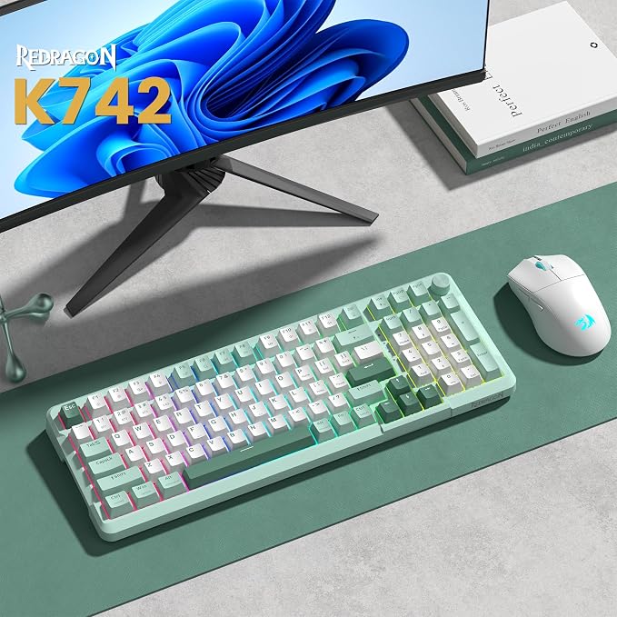 Redragon K742 Wireless Mechanical Gaming Keyboard with Knob, Bluetooth 5.0/2.4GHz/USB C Wired Creamy Keyboard with Number Pad for PC Computer, RGB Backlits, Hot-Swappable with Linear Switches (Green)