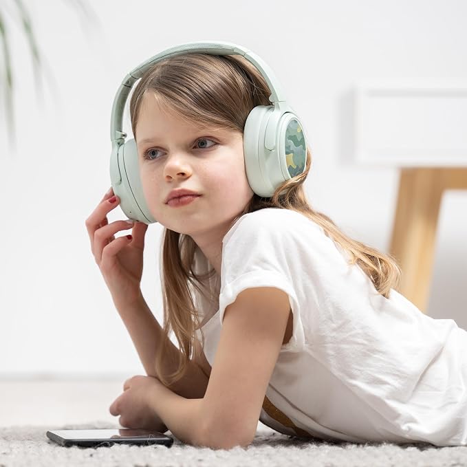 BuddyPhones Cosmos Fun | Wired or Wireless Foldable ANC Bluetooth Headphones + Microphone - SafeAudio Volume-Limiting Options, for Toddlers to Young Adults (Green)