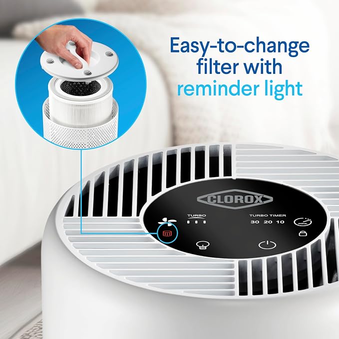 Clorox Turbo Air Purifiers for Home, True HEPA Filter, Quickly Cleans Small Rooms Up to 613 Sq Ft, Reduces 99.9% of Mold, Viruses, Wildfire Smoke, Allergens, Pet Allergies, Dust, Whisper Quiet