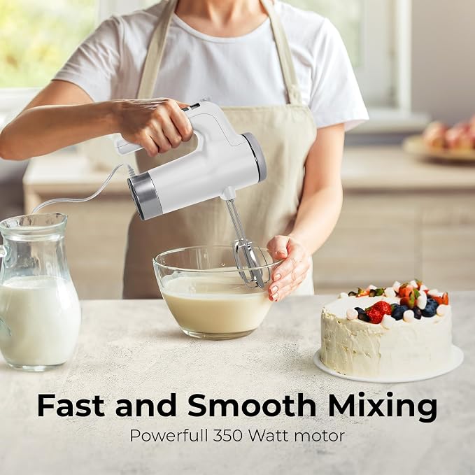 Electric Hand Mixer 350W, 9 Speed Handheld Mixer with Timer, Beaters, Whisks & Dough Hooks, Storage Case, Kitchen Mixer for Baking, Eggs, Cream, Cookie Dough & Frosting, White