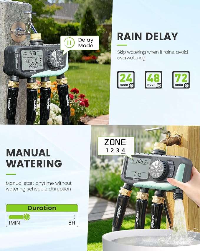 RAINPOINT Sprinkler Timer, 4 Outlets Hose Timer with Brass Inlet with Rain Delay/Manual/Automatic Controller System, Programmable Digital for Lawn Yard, 4 Zone (Sky Blue, 4 Outlets)