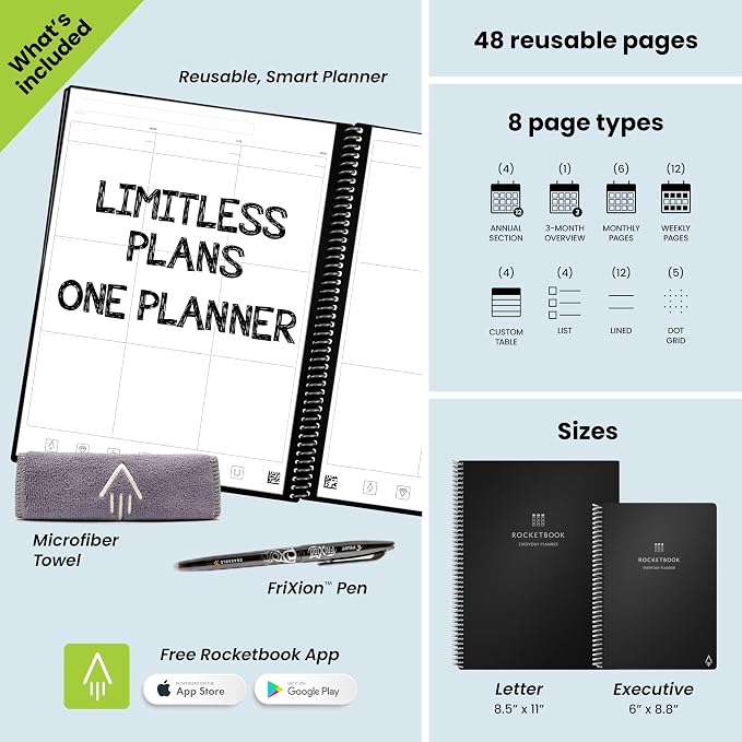 Rocketbook Smart Reusable Everyday Planner, Undated Weekly, Monthly, Annually, For Scheduling, Executive Size, 6x8.8, Black