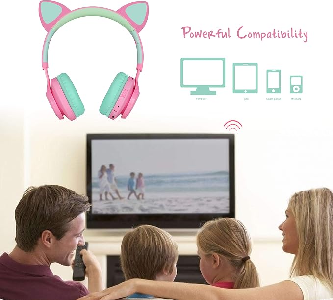 Riwbox CT-7 Cat Ear Kids Bluetooth Headphones, LED Light Up Bluetooth Wireless Over Ear Headphones with Microphone and Volume Control for Travel/School/Smartphones/Laptop/PC/TV (Pink&Green)
