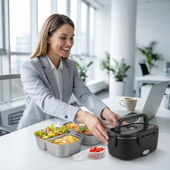 SOHIDA Electric Lunch Box, 80W Fast Heated Lunchbox for Adults, Dual 1.5L 304 Stainless Steel Portable Food Warmer for Car/Truck/Work, 12/24/110V Lonchera Eléctrica Portátil