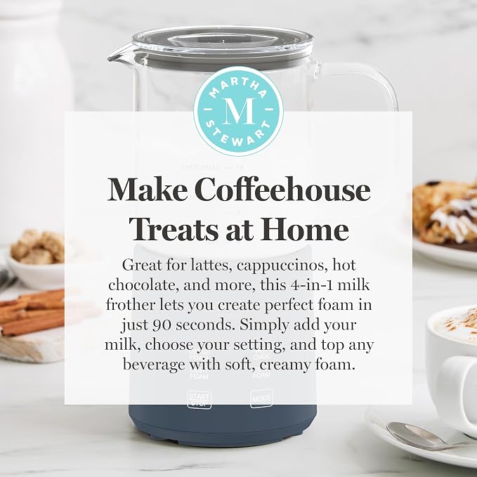 Martha Stewart Milk Frother and Steamer, 10oz/300ml Glass Cup, 4 Presets (Cold Foam, Light, Dense & Hot Chocolate), Ready in 90 Seconds, Cordless Pouring, One-Touch for Hot and Cold Milk, Indigo Blue