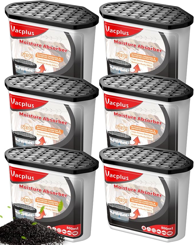 Vacplus Moisture Absorbers 6 Pack, Portable Humidity Absorber Boxes for Your Bathroom, Closet & Car, Dehumidifier with Activated Charcoal, 16.0 Oz