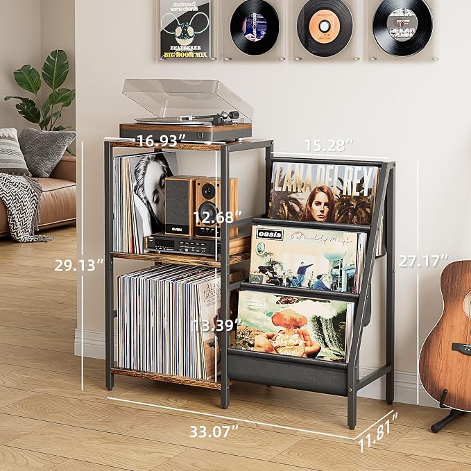 Bikoney Record Player Stand, Turntable Stand with 3-Tier Vinyl Record Storage, Record Player Table 200 Albums, End Table with Vinyl Display Holder Shelf, Record Player Cabinet Media Console for Stereo