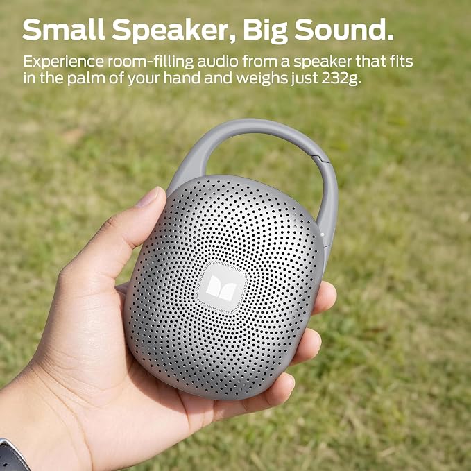 Monster Bluetooth Speaker Ultra-Portable with Integrated Carabiner Clip, IPX7 Waterproof, 29H Playtime, Bluetooth 6.0, TWS Pair Clip-On Speaker for Outdoor, Hiking, Beach, Shower & Travel, Light Grey