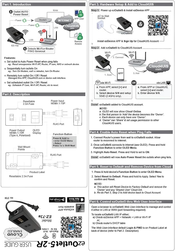 ezOutlet5-2R - Dual Outlet Internet Enabled IP & WiFi Remote Power Switch with Automatic Reboot - iOS | Android | Cloud | Google Home | 2 Web Controllable AC Power Outlets - Model EZ-73a