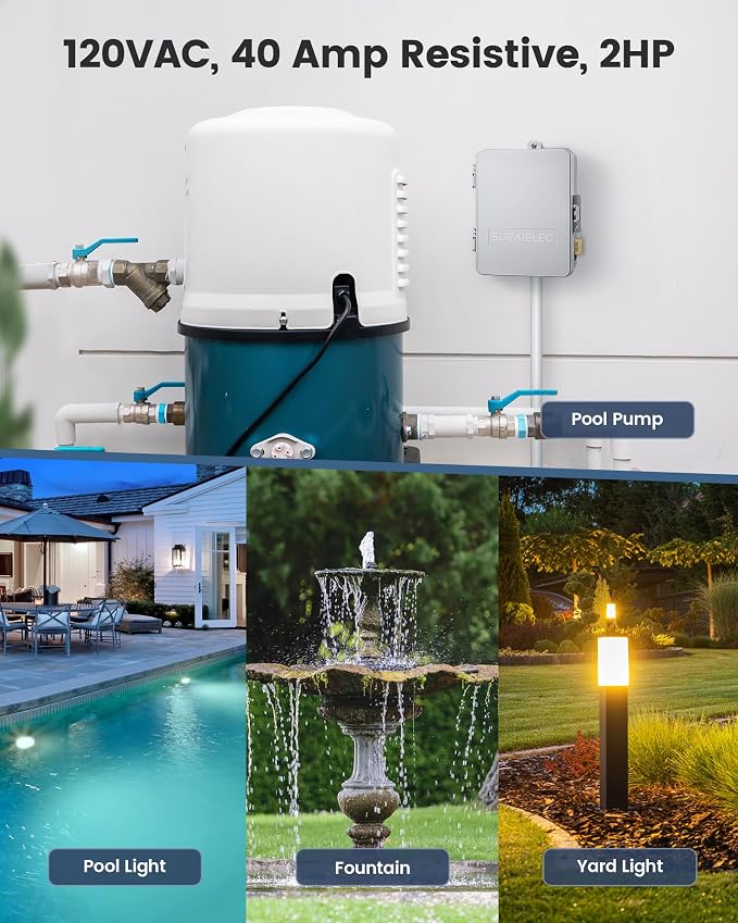 SURAIELEC WiFi Pool Timer, 40 AMP 120V 2HP, Heavy Duty Outdoor Indoor Smart Timer for Pool Pump, Spa, Pool Light, Water Pump, 120 Volt Pool Equipment Controller for Up to 2HP Devices