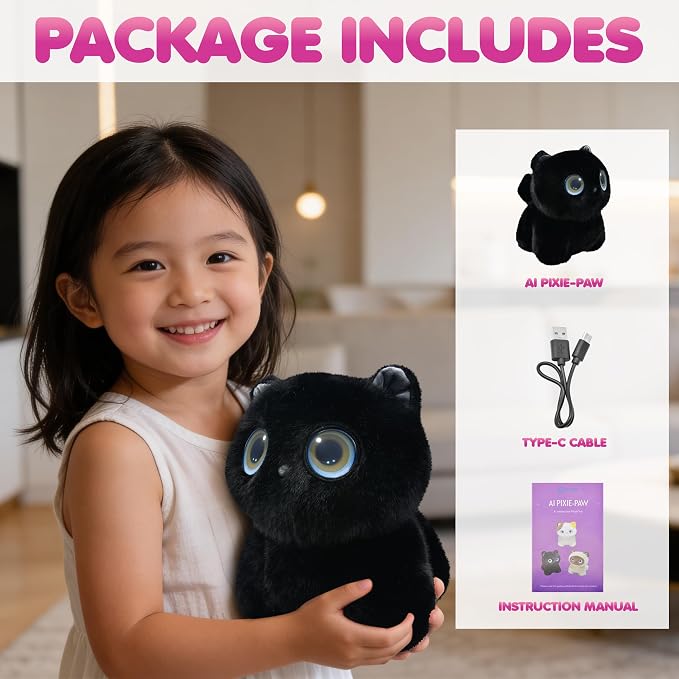 Contixo AI Pixie-Paw Smart Interactive Plush Cat – Voice-Responsive, Touch-Activated, Expressive Eyes, AI Companion Stuffed Animal for Kids & Pet Lovers, Black