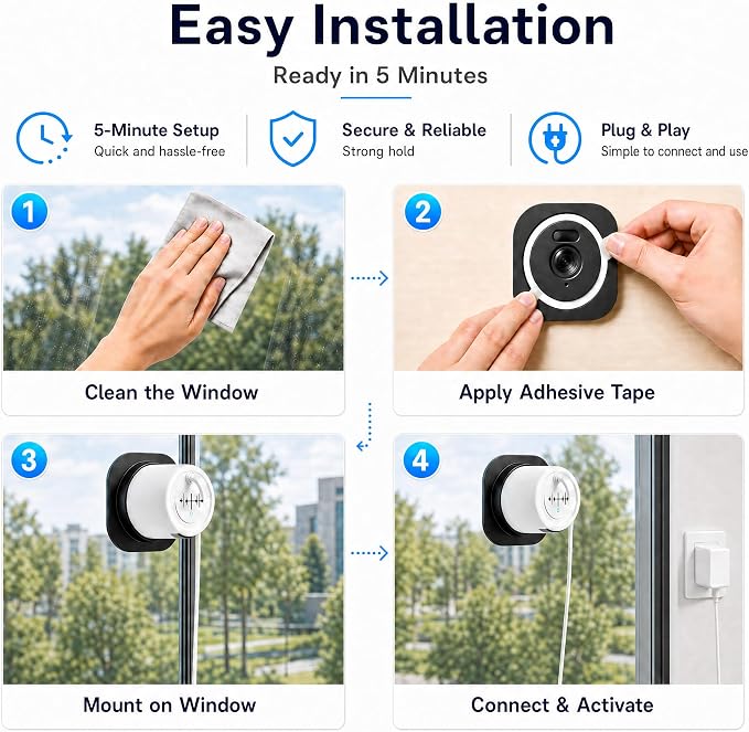 4MP 2K Window Camera, No Glare Thru-Glass Full-Color Night Vision, 2.4GHz & 5GHz WiFi Indoor Cameras for Home Security, Easy Install, Motion Detection, No Monthly Fee, 24/7 Recording