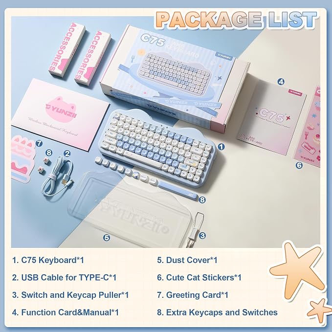 YUNZII C75 Wireless Mechanical Keyboard,75% Layout, Hot-Swappable NKRO,BT5.0/2.4G/USB-C Mode,Dye-Sub PBT MOA Keycaps,RGB Gasket Mount,Cute Cake Design for Mac/Win/Gaming (Blue, Milk V2 Switch)