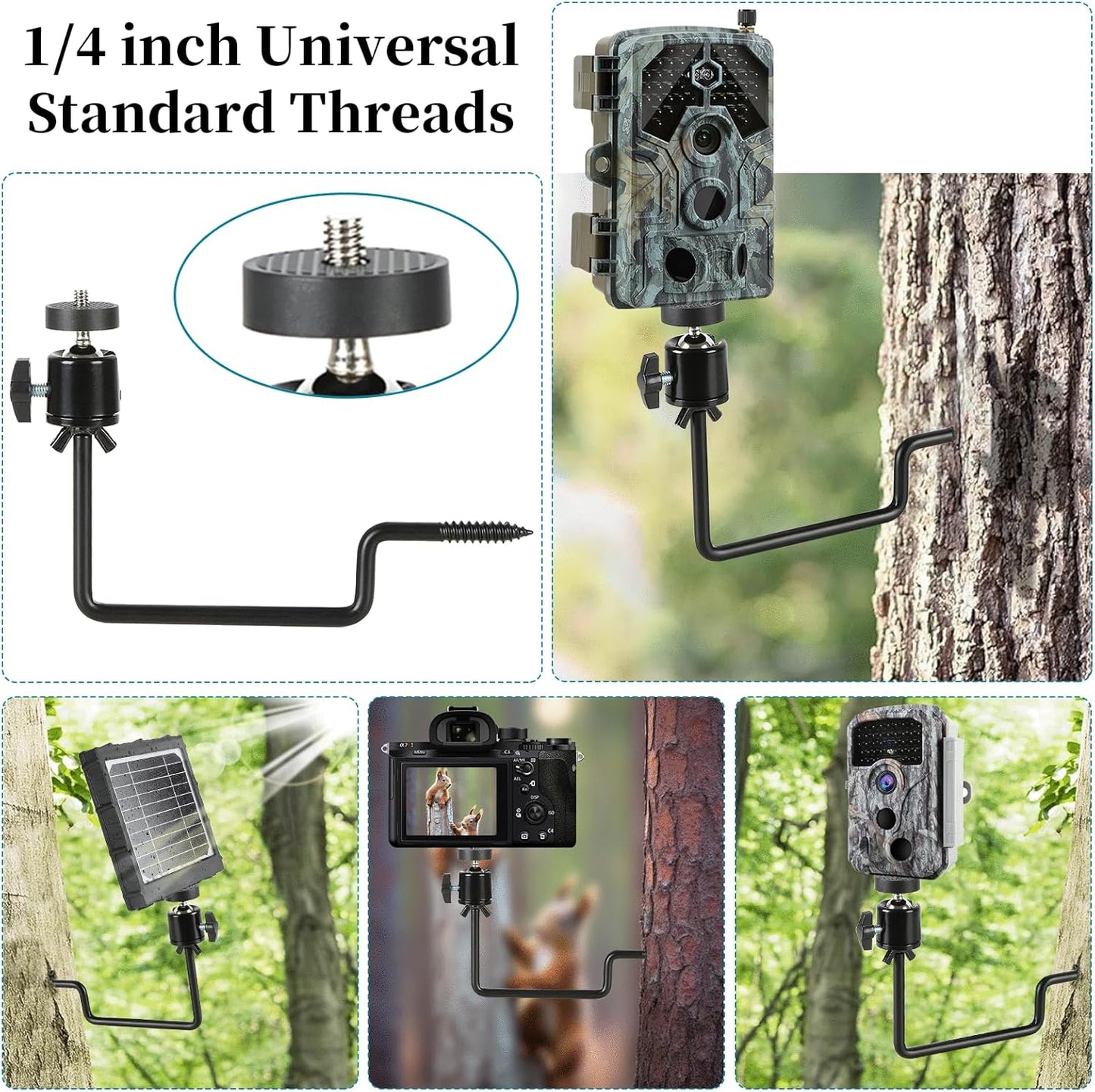 5 Pcs Trail Camera Tree Mount, Trail Camera Holder 360° Cameras Bracket for Game Cam, Hunting Accessories,Metal Security Cam Mount with 1/4 Inch Screw for Solar Panels,etc, Compact Sturdy.