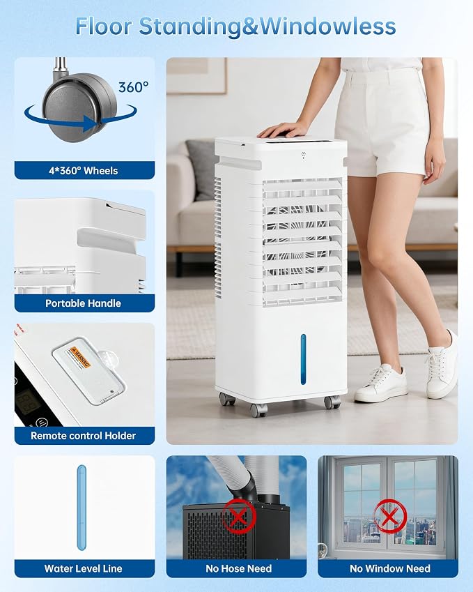 Portable Air Conditioners, Swamp Cooler Portable AC Unit for Room, Windowless Cooling Fan That Blow Cold Air w/Remote 5L Tank 12 Speeds 9H Timer, Evaporative Air Cooler for Bedroom Gara (White)