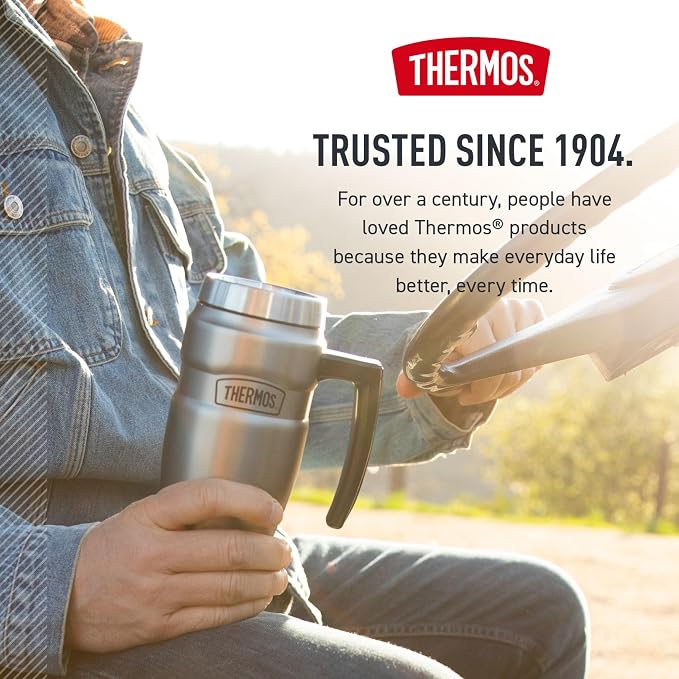 THERMOS Stainless King Vacuum-Insulated Travel Mug with Handle - 16oz, Matte Green Tumbler for Hot & Cold Drinks - Leak & Sweat-Proof Stainless Steel Coffee Mug with Lid for Commuting