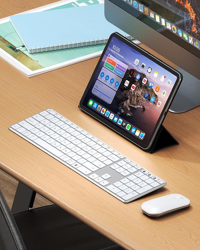 seenda Wireless Bluetooth Keyboard and Mouse Combo, SKM64-3 Rechargeable Slim Quiet Keyboard Mouse, 3 Multi-Device Connection, Compatible for Windows 11/10 PC Laptop Mac MacBook iPad, White Silver