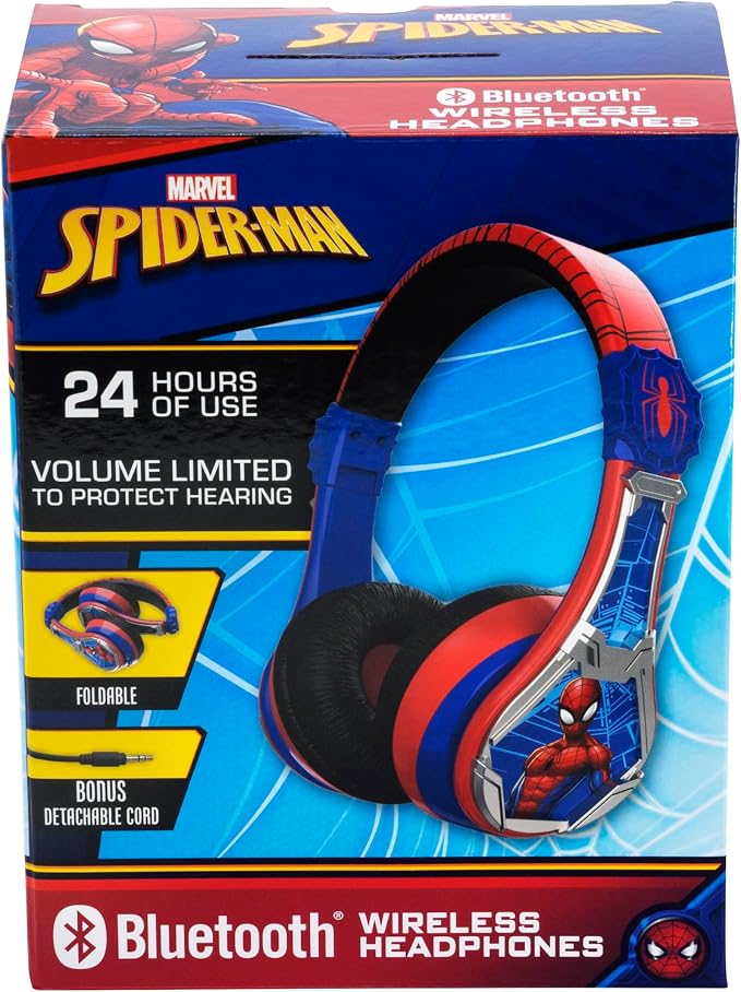 eKids Spiderman Wireless Bluetooth Portable Headphones with Microphone, Volume Reduced to Protect Hearing Rechargeable Battery, Adjustable Kids Headband for School Home or Travel
