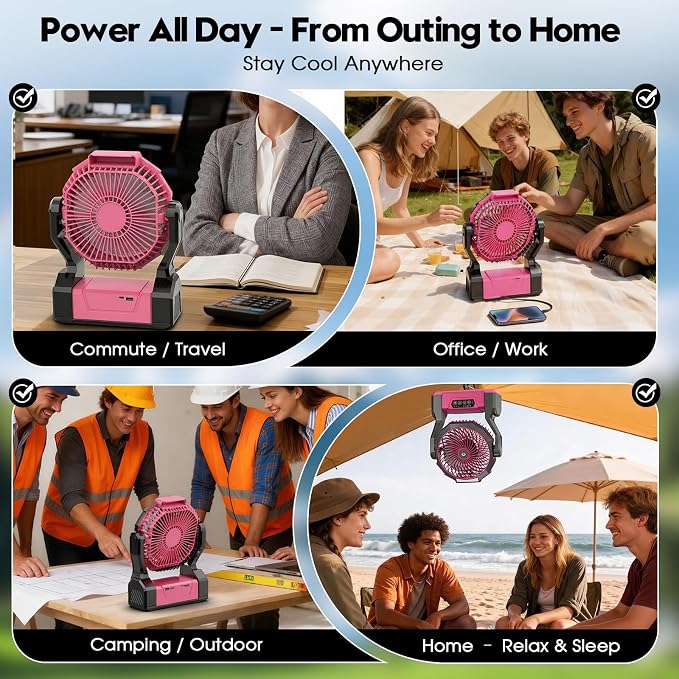 XZK 24000mAh Rechargeable Camping Fan, 64H Runtime Battery Powered Portable Travel Fan with LED Light, Tent Fans for Indoor,Outdoor,Fishing,Jobsite & Hurricane Emergency,Gifts for Men Dad Him,Pink