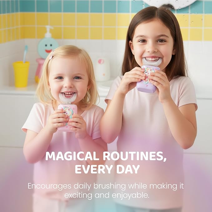 Well Before Kids U Shaped Electric Toothbrush with 5 Brush Heads, Ultrasonic, 5 Modes, IPX7 Waterproof Design (Unicorn, Purple Ages 2-7)