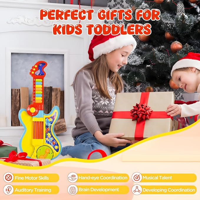 Toddler Guitar Toy 2-4 Years, 4-in-1 Kids Musical Toy with Piano & Projector, Light Up Music Instrument Toy for Toddlers, Learning Educational Toy Gift for 2 3 4 5 Year Old Girls Boys
