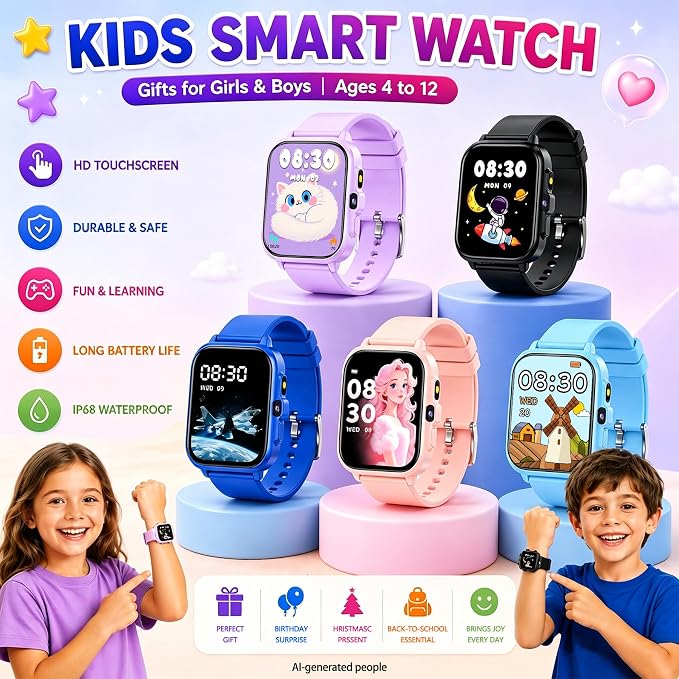 Smart Watch for Kids, 1.85" Fitness Tracker with Camera, Game, Music, SOS, AI, Alarm Clock, Video,Parent Control, 24/7 Heart Rate Sleep Monitor, 100+ Sport Modes, IP68 Waterproof, Gifts for Boys Girls