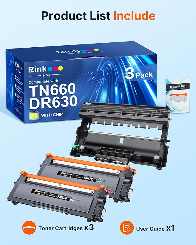 TN660 Toner Cartridges & DR630 Drum Unit Replacement for Brother TN660 TN-660 TN630 DR630 High Yield to use with HL-L2300D HL-L2360DW DCP-L2520DW MFC-L2700DW MFC-L2740DW (Black, 3 Pack)