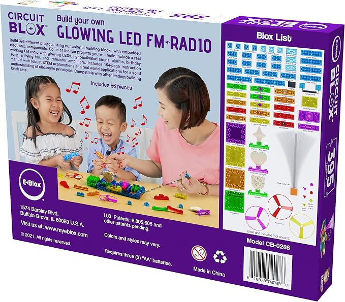 E-BLOX Build Your Own Glowing LED FM Radio Kit, 395 Fun STEM Electrical Science Projects, Building Blocks Circuit Toy Set for Kids, Birthday Gift, Boys, Girls, 8+