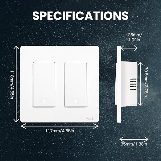 MOES Smart Single Pole Light Switch, 2.4GHz WiFi Wall Switch, Needs Neutral Wire, Multi-Control, Smart Life/TUYA APP Control, Voice Control with Alexa/Google Home, White 2 Gang