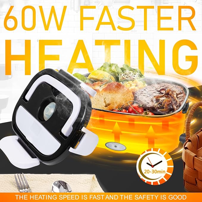 Moss & Stone Electric Lunch Box Food Heater for Adults Black & White Food Warmer Lunch Box, 12/24/110v Lunch Box Warmer Portable For Work/Car/Truck, Fork & Spoon & 1.5L Removable S.S Container