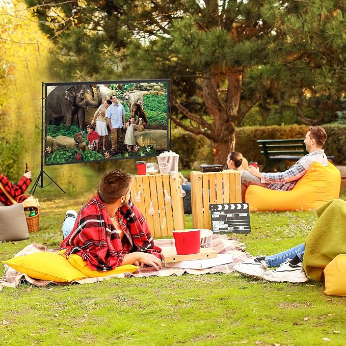 AAJK 150in Outdoor Projector Screen with Stand, Portable 16:9 4K HD Indoor Outdoor Projection Screen with Wrinkle-Free Design, Ideal for Home Theater and Backyard Cinema – Includes Carry Bag