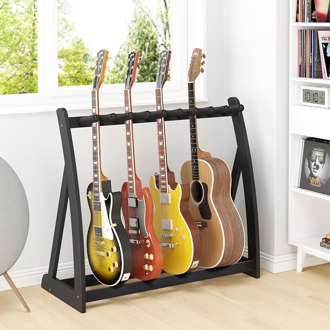Guitar Stand Rack, Multi-Guitar Display Rack Adjustable Bamboo Guitars Holder Electric Guitar Stands Floor Storage for Bass Acoustic, Home Studio, Band Stage