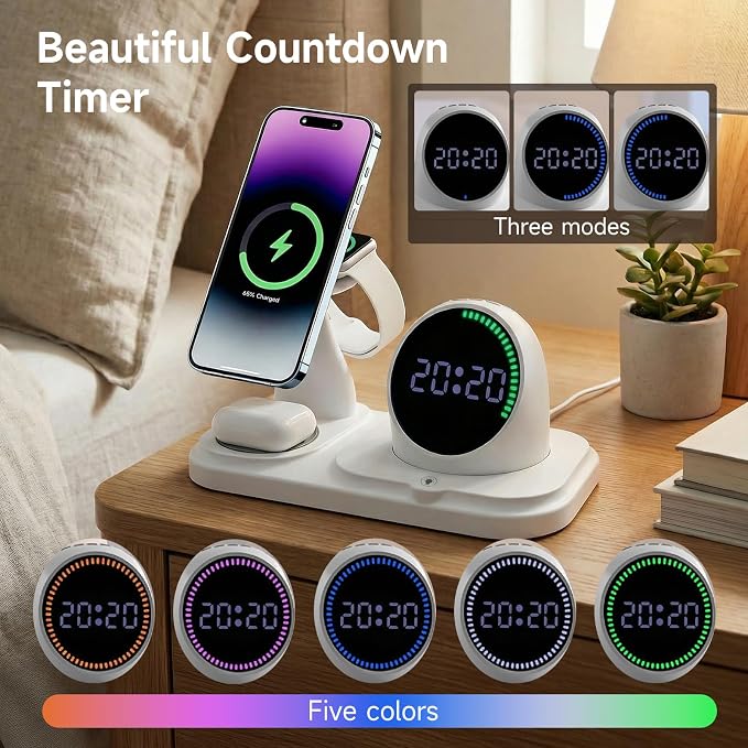 6 in 1 Wireless Charger Charging Station : Compatibility for iPhone 17 16 15 14 13 Pro Max Apple Watch, Charger Stand for Apple Devices, with Wireless Speaker and Digital Clock Ambient Lights (White)