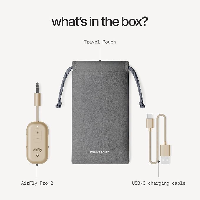 Twelve South AirFly Pro | Bluetooth Wireless Transmitter/Receiver Adapter for 2 Headphones, Audio Sharing, Compatible with 3.5mm aux Jack for Airplanes, TV, Gym, Stereo, and Travel, Gold