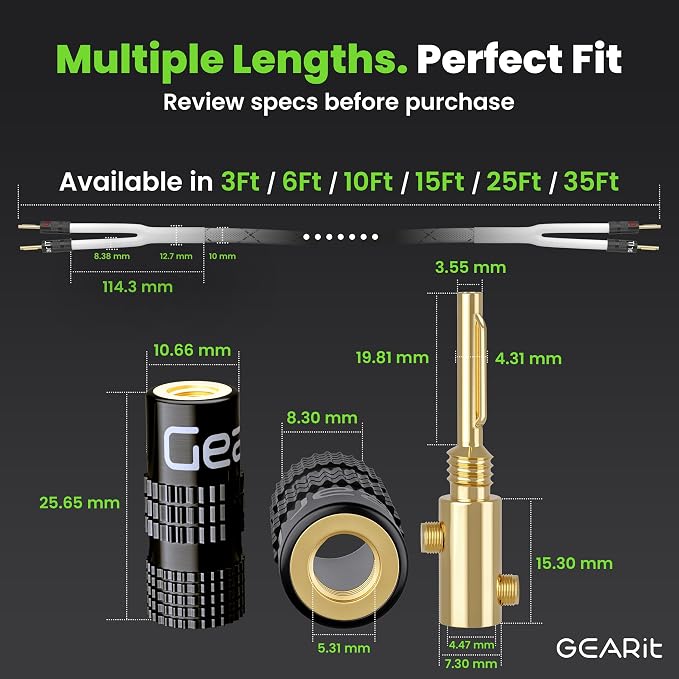 GEARit Speaker Cable with Banana Plugs White 12 Gauge 10 ft,Speaker Cable CL2 Rated 12AWG OFC,Heavy Duty Braided 12 Gauge Speaker Wire for Audiophiles,Hi-Fi Systems,Home Theater,Amplifiers & Speakers