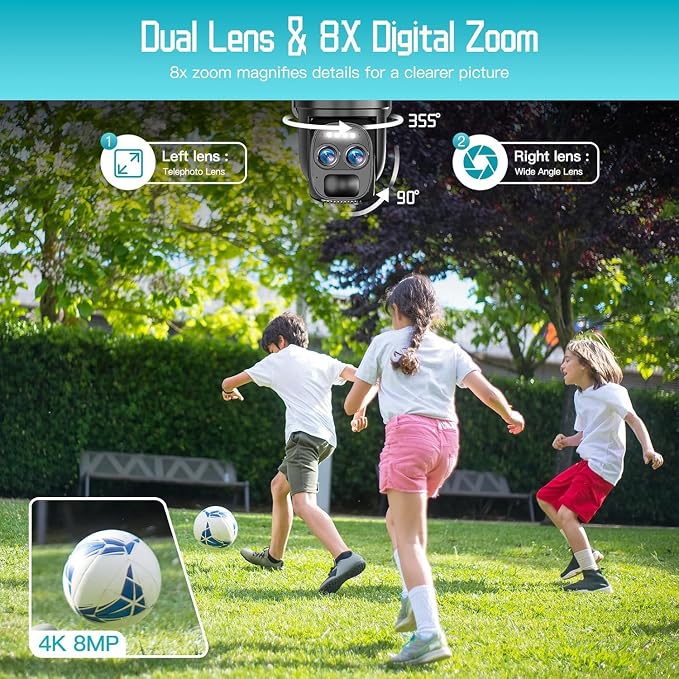 BEENOCAM 4K Dual Lens Solar Security Cameras Wireless Outdoor, 2.4G/5Ghz WiFi, 355° Pan/Tilt Home Security Camera with 8MP Color Night Vision, PIR Motion Detection, Spotlight Alarm, 2-Way Audio