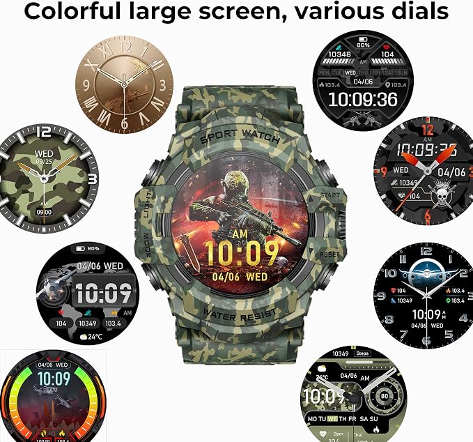 MIDDOW Military Smart Watch with Flashlight (Answer/Make Call) Compass, Heart Rate/Sleep/Sports Tracker, IP68 Waterproof, Long Battery Life, HD Screen, Android & iOS (Camouflage Green)
