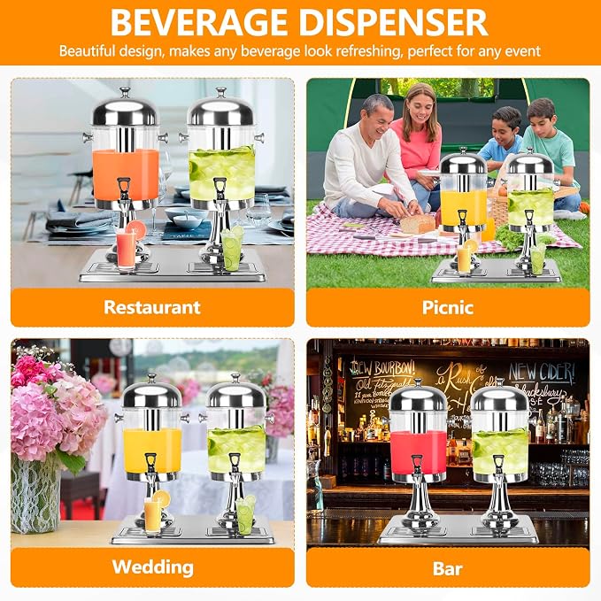 Drink Dispenser with Stand, 4.2 Gallon Beverage Dispenser for Parties, Stainless Steel Dual-Head Juice Dispenser with Centre Ice Core and Drip Trays for Parties, Buffet Cafeterias, Homes