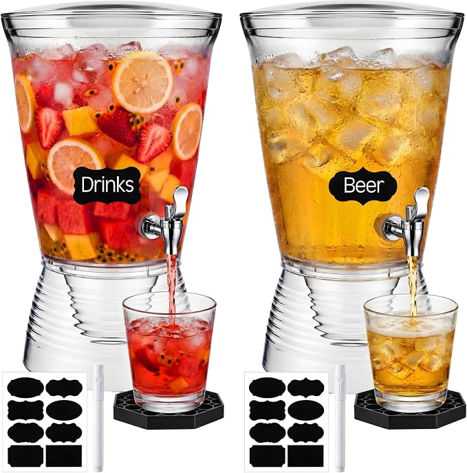 Nuenen 2 Sets of 2.6 Gallon Beverage Dispensers for Parties, Clear Plastic Drink Juice Dispensers with Spigot and Drip Tray Beverage Water Fountains for Wedding Birthday Party Cold Hot Drinks
