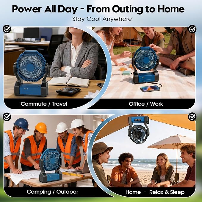 XZK 24000mAh Rechargeable Camping Fan, 64H Runtime Battery Powered Portable Travel Fan with LED Light, Tent Fans for Indoor,Outdoor,Fishing,Jobsite & Hurricane Emergency,Gifts for Men Dad Him,Blue