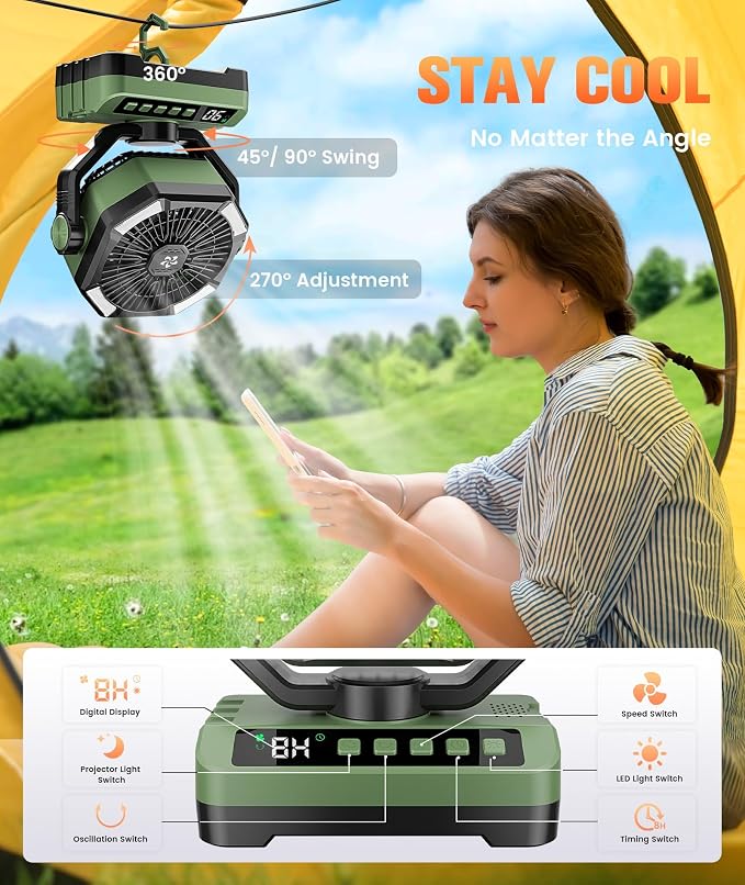 Camping Fan Battery Powered Fan - Rechargeable with Starlight, 20000mAh Battery Operated Outdoor 5 Speed Desk Fans with LED,Hook,Remote Control, Timer,Personal Fans for Tent, Power Outage, Fishing