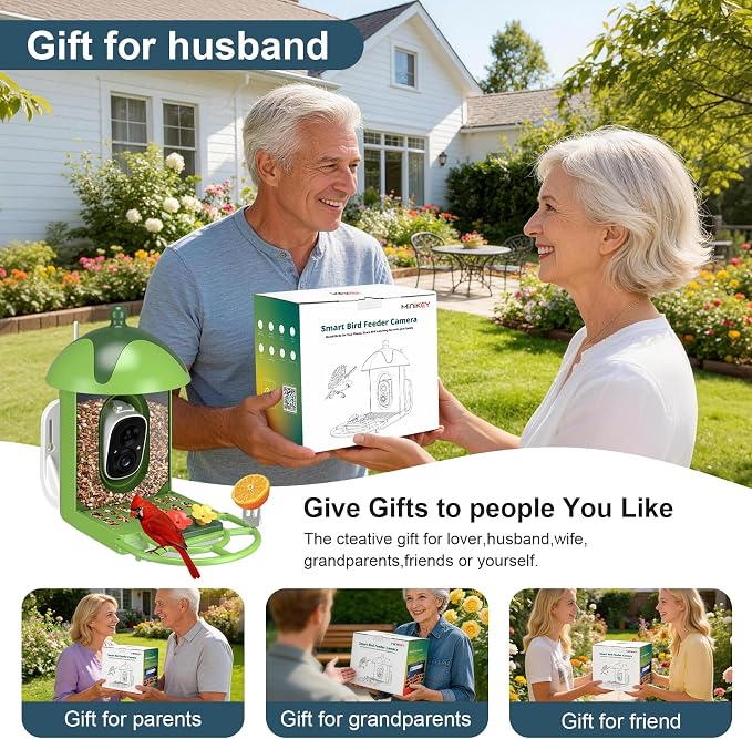 Smart Bird Feeder with Camera Outdoor Birdhouse: AI Identifies 11000+ Species, 2K HD with Arrival Alerts, Attracts Hummingbirds, Dual Squirrel-Proof, Solar Powered, Gifts for Bird Lovers Mom Dad