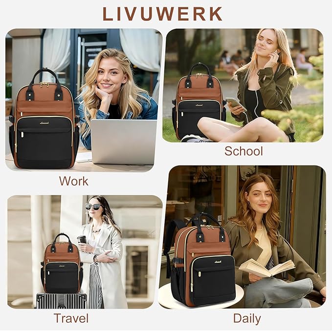 Women Laptop Backpack College Bookbag: 15.6 inch Backpacks with Pouch Pocket for Large Capacity Cup Travel Waterproof Book Bag Anti-theft Casual Work Bookbags for Teacher Nurse Black Brown