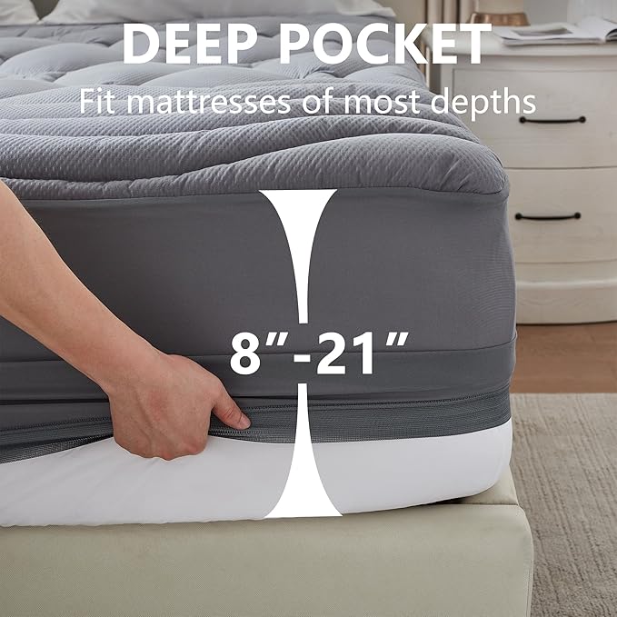 ELVEN HOME Queen Size Mattress Pad Waterproof, Pillow Top Cooling Mattress Topper Cover, Quilted Fitted Mattress Protector Washable, Deep Pocket 8-21" (60x80 inch, Grey)