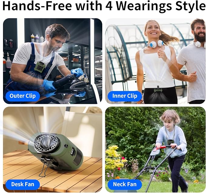 Socool 10000mAh Portable Waist Fan Clip On Personal Fans Rechargeable, 40H Cooling Wearable Belt Shirt Fan with 5 Speed Wind Adjustable & LED Light, Hanging Neck Fan for Outdoor Jobsite Camping