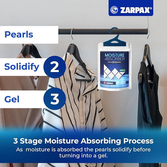 Zarpax Moisture Absorber Sachets Activated Charcoal 7.5 oz/212g - Remove Excess Moisture In Air & Odor - Desiccant Dehumidifier for Closet, Drawer, Storage - Dampness & Humidity Control - Set of 20