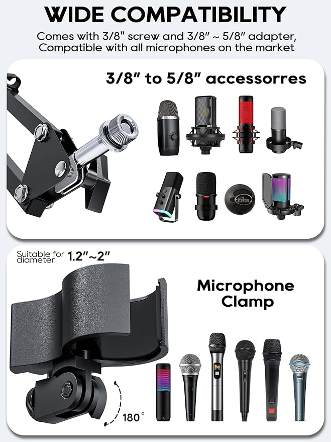 M05 Boom Arm, 360° Rotatable Microphone Stand with Desk Mount (White (Overhead))