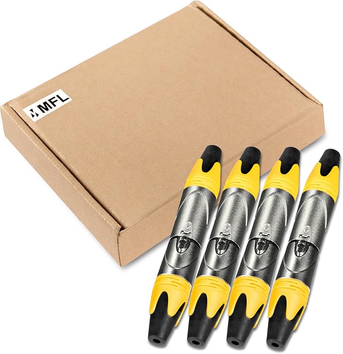 MFL. 3-Pin XLR Cable Connector Male and Female with Nickel Housing and Silver Contacts Mic Cable Plug Connector Audio Socket, Yellow, 4 Pairs